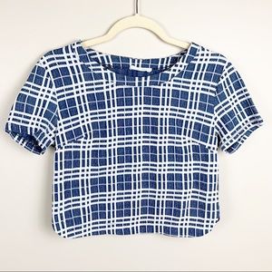 Lush Blue and White Plaid Short Sleeve‎ Crop Top